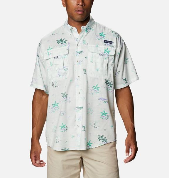 Columbia PFG Super Bahama Fishing Shirts White Green For Men's NZ15402 New Zealand